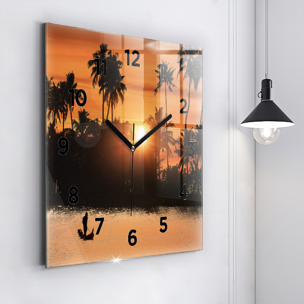 Square glass wall clock Sunset and palm trees