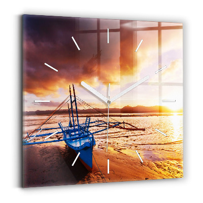 Square glass wall clock Boat and sunset