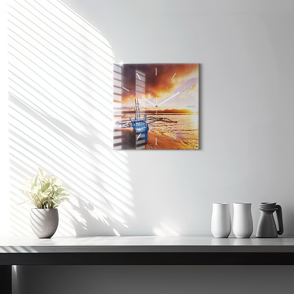 Square glass wall clock Boat and sunset