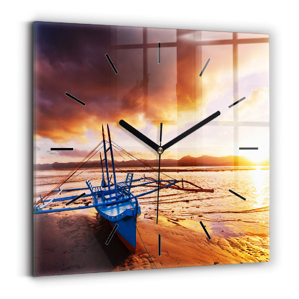 Square glass wall clock Boat and sunset