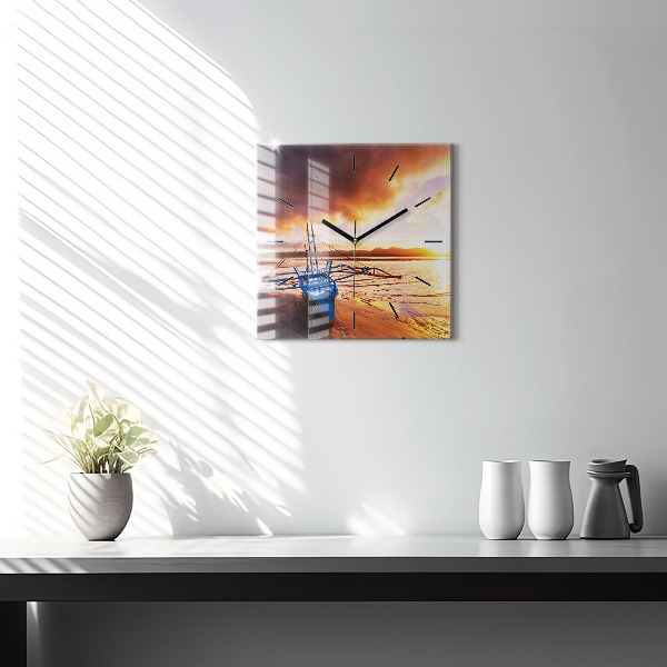 Square glass wall clock Boat and sunset