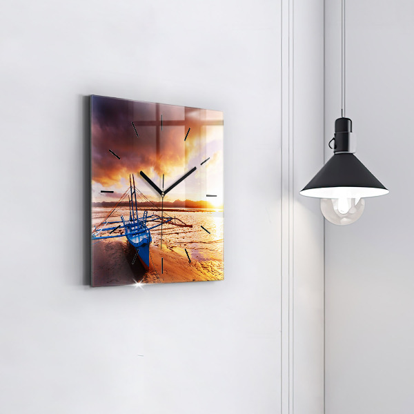 Square glass wall clock Boat and sunset