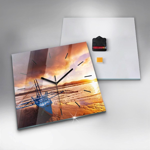 Square glass wall clock Boat and sunset