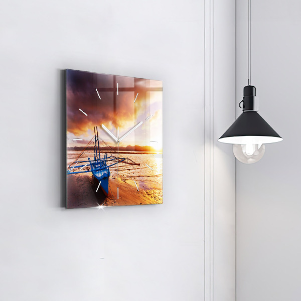 Square glass wall clock Boat and sunset
