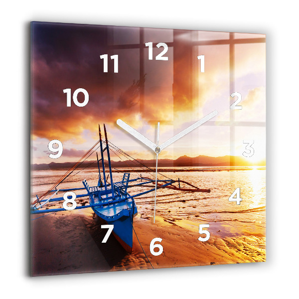 Square glass wall clock Boat and sunset