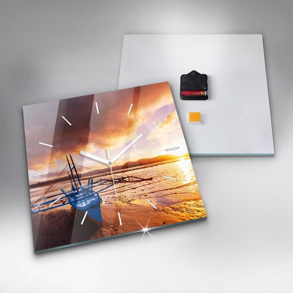 Square glass wall clock Boat and sunset