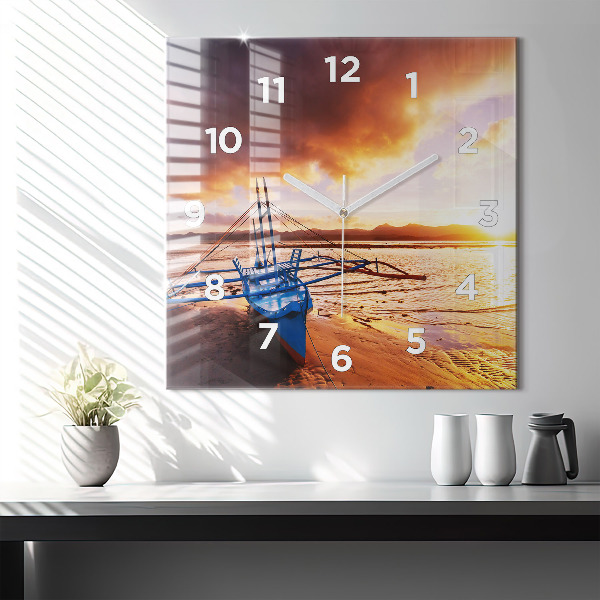 Square glass wall clock Boat and sunset