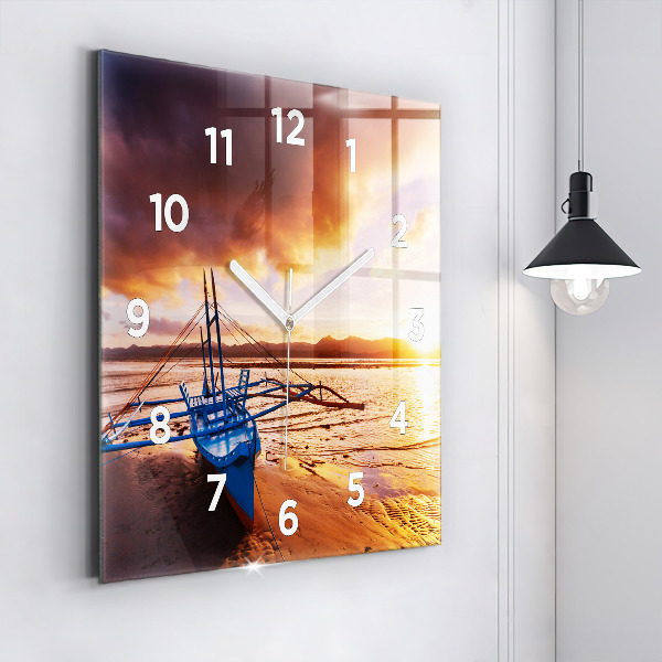 Square glass wall clock Boat and sunset