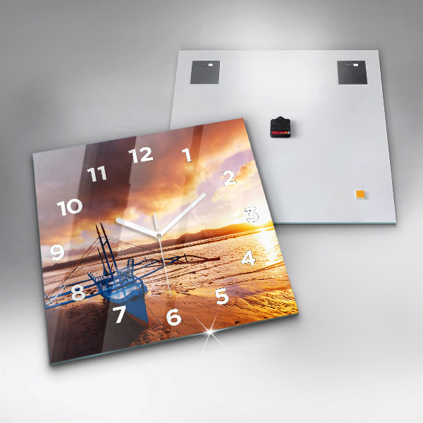 Square glass wall clock Boat and sunset