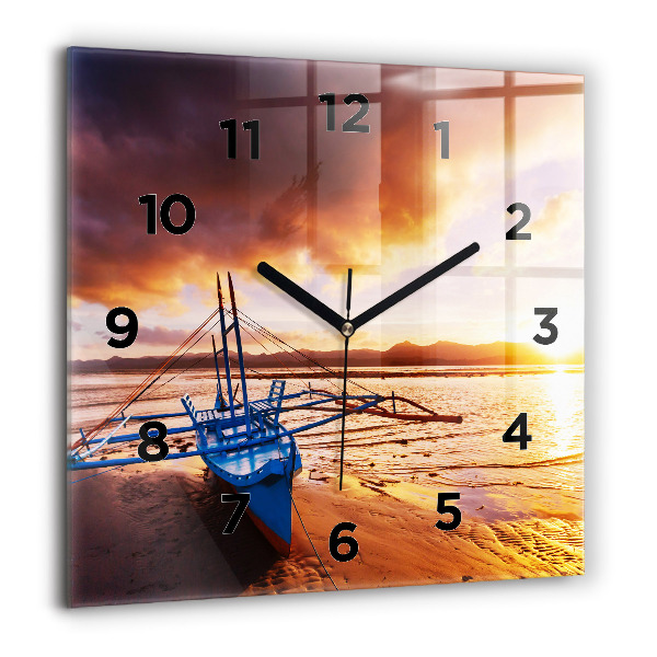 Square glass wall clock Boat and sunset