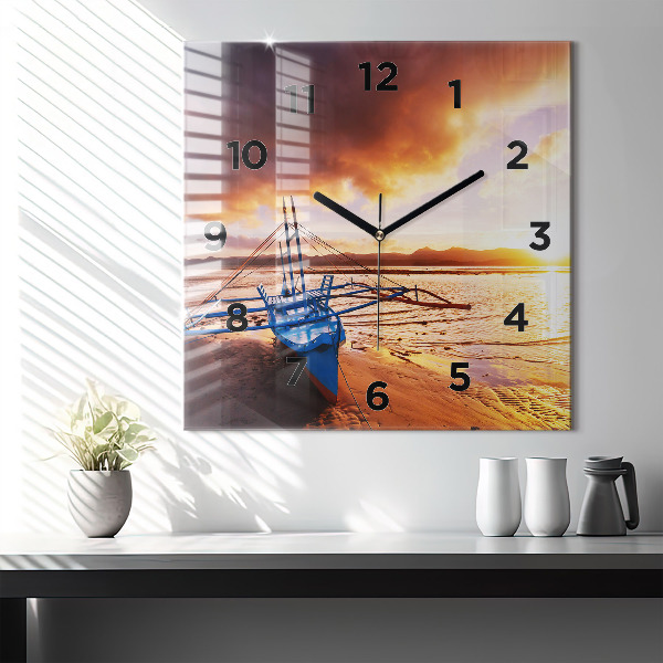 Square glass wall clock Boat and sunset
