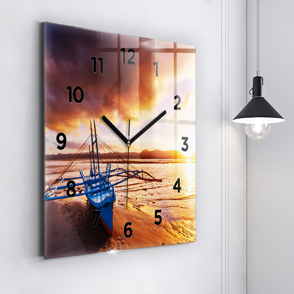 Square glass wall clock Boat and sunset