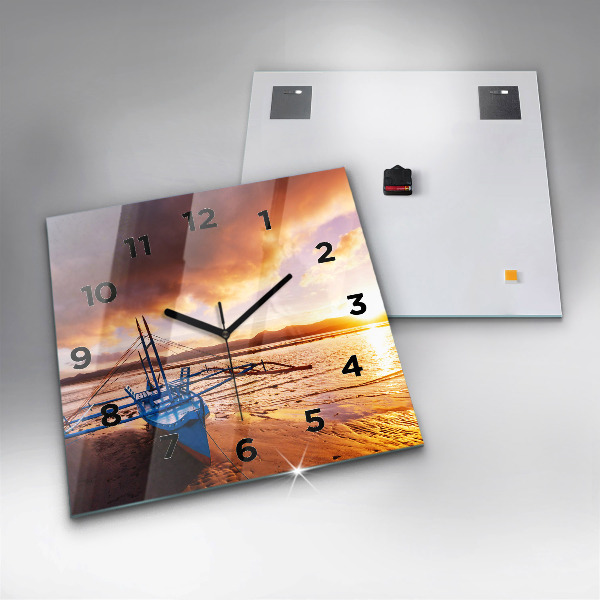 Square glass wall clock Boat and sunset