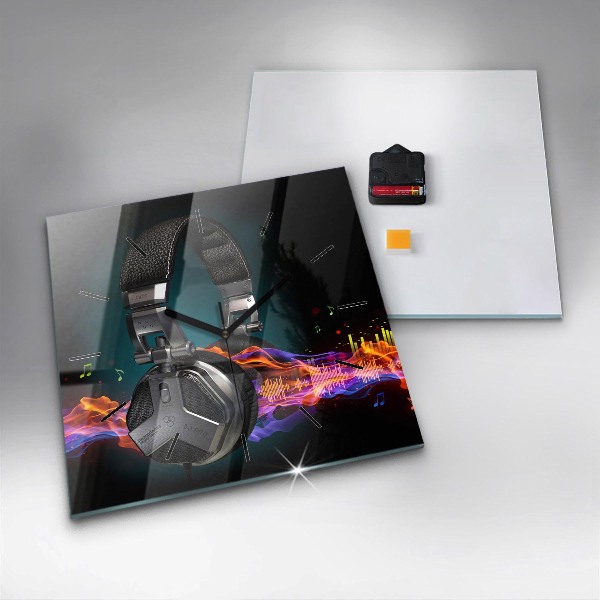 Square glass wall clock Headphones and sound waves