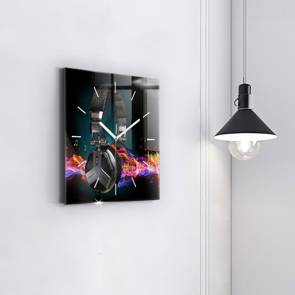 Square glass wall clock Headphones and sound waves