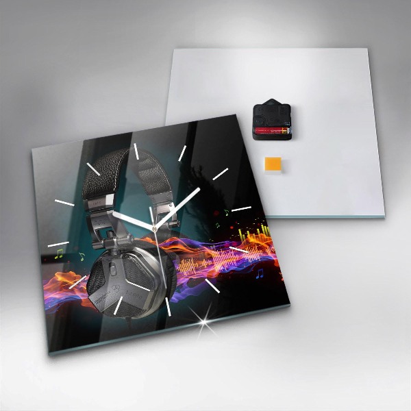 Square glass wall clock Headphones and sound waves