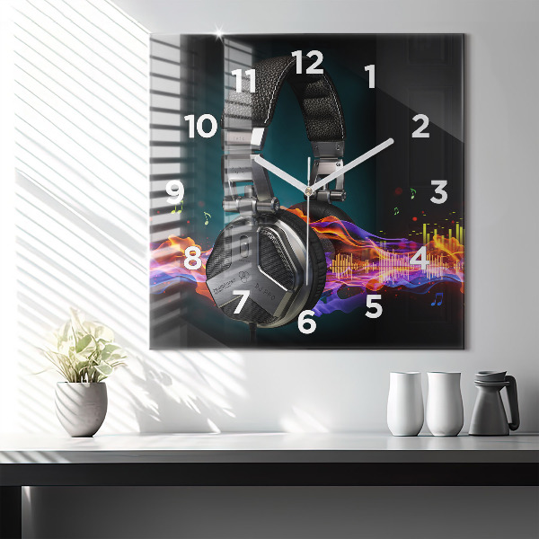 Square glass wall clock Headphones and sound waves