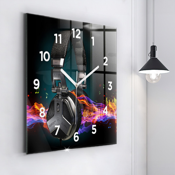 Square glass wall clock Headphones and sound waves