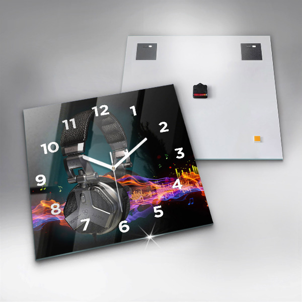 Square glass wall clock Headphones and sound waves