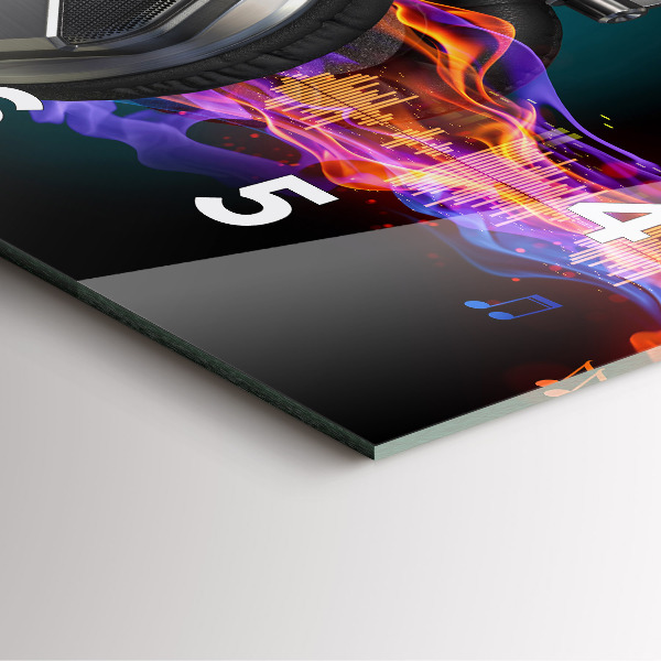 Square glass wall clock Headphones and sound waves