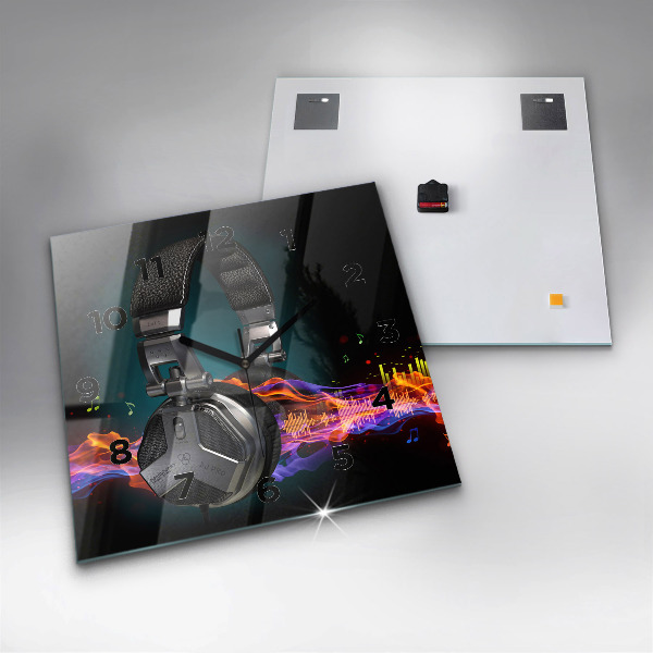 Square glass wall clock Headphones and sound waves