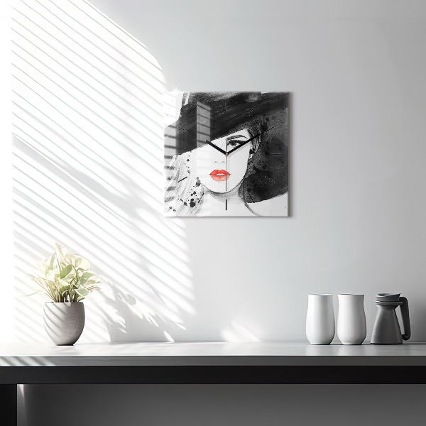 Square glass wall clock Woman in a hat