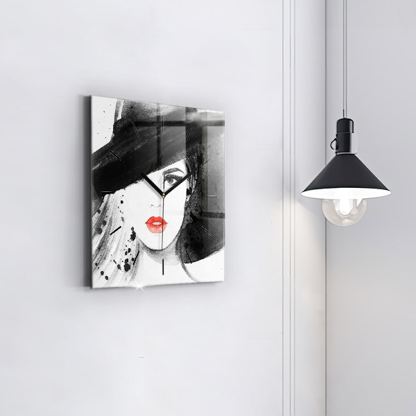 Square glass wall clock Woman in a hat