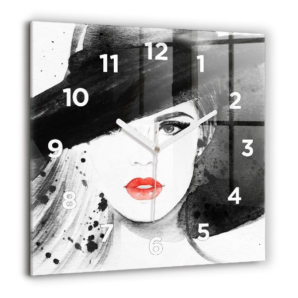Square glass wall clock Woman in a hat