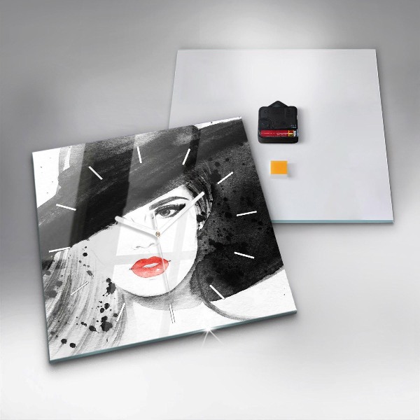 Square glass wall clock Woman in a hat