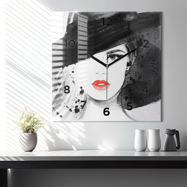 Square glass wall clock Woman in a hat