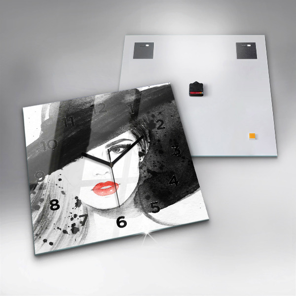 Square glass wall clock Woman in a hat