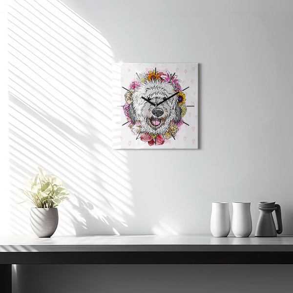 Square glass wall clock Happy dog in flowers