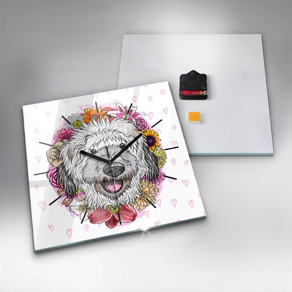 Square glass wall clock Happy dog in flowers
