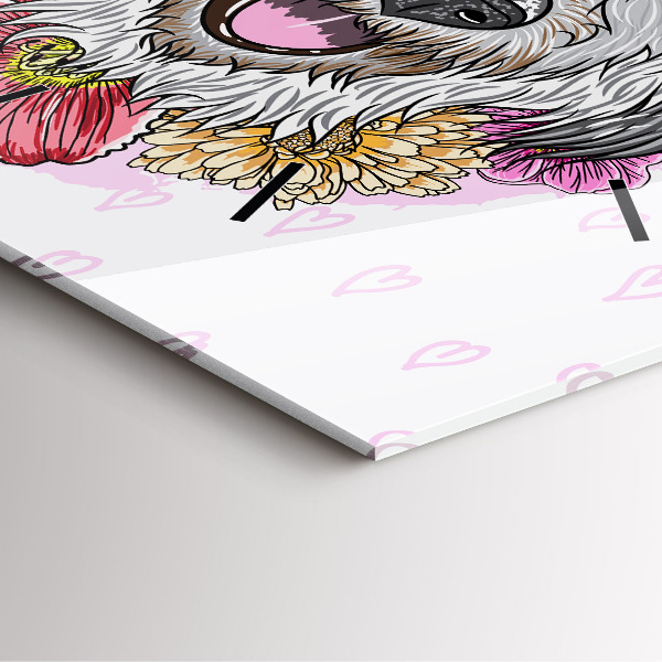 Square glass wall clock Happy dog in flowers