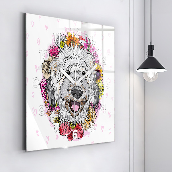 Square glass wall clock Happy dog in flowers