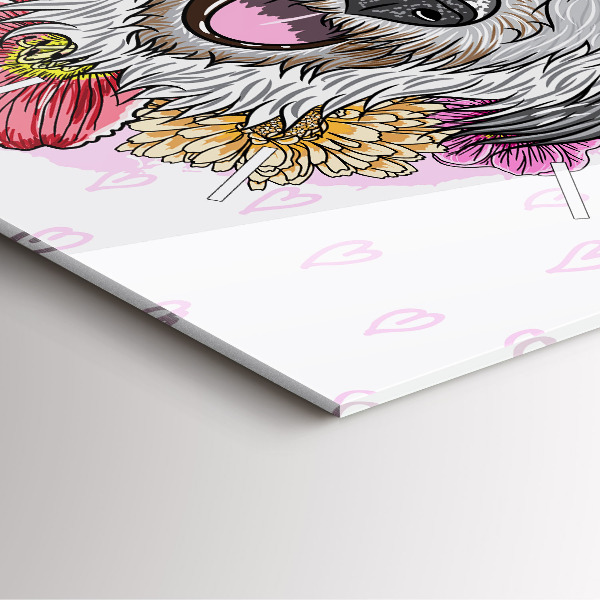 Square glass wall clock Happy dog in flowers