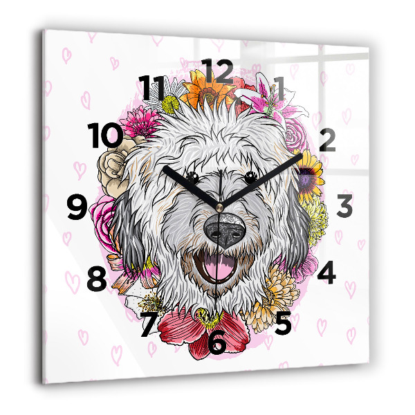 Square glass wall clock Happy dog in flowers