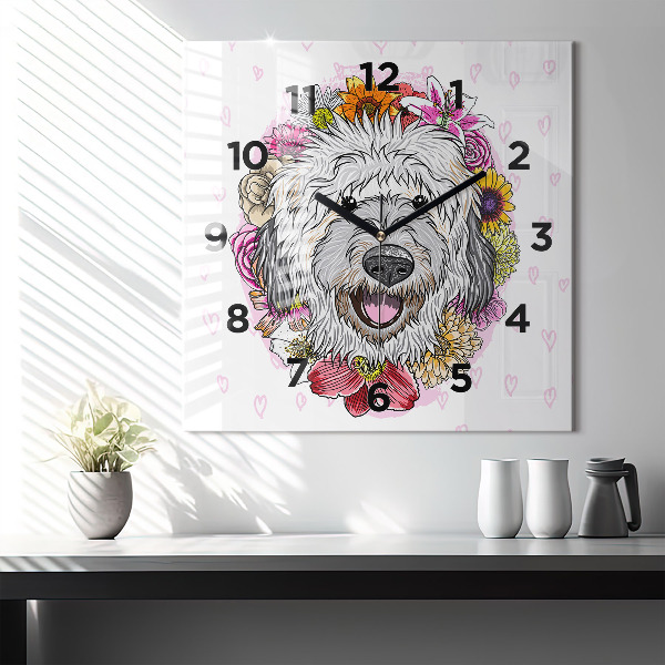Square glass wall clock Happy dog in flowers