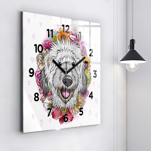 Square glass wall clock Happy dog in flowers