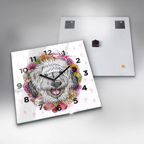 Square glass wall clock Happy dog in flowers