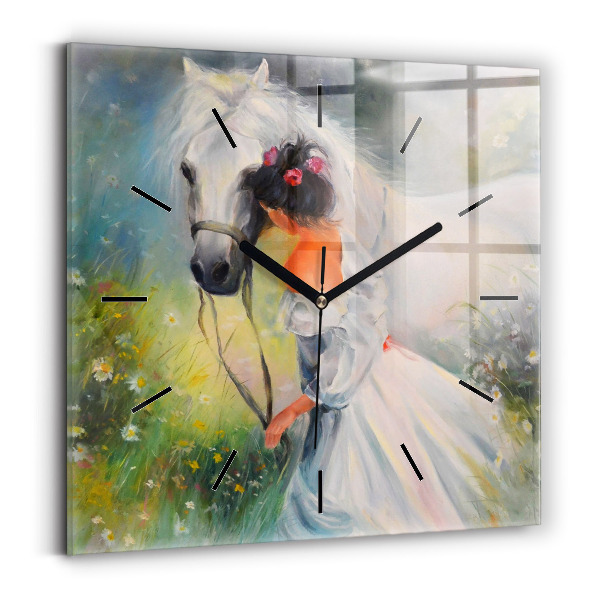 Square glass wall clock Beautiful woman with a horse