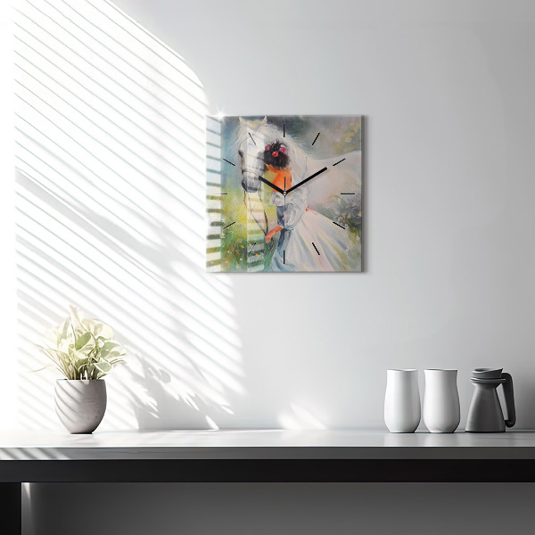 Square glass wall clock Beautiful woman with a horse