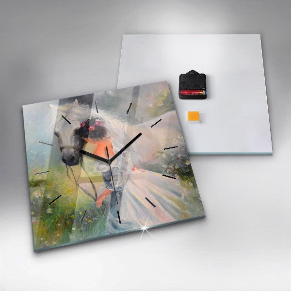 Square glass wall clock Beautiful woman with a horse