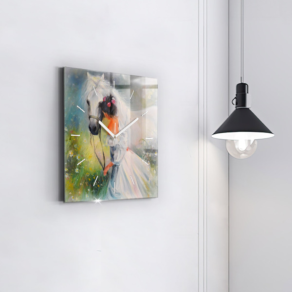 Square glass wall clock Beautiful woman with a horse