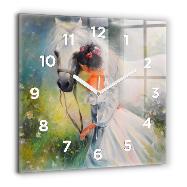 Square glass wall clock Beautiful woman with a horse