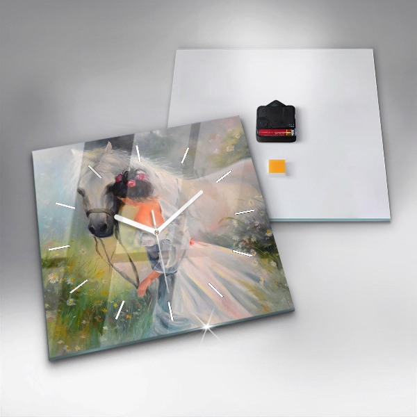 Square glass wall clock Beautiful woman with a horse
