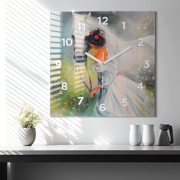 Square glass wall clock Beautiful woman with a horse