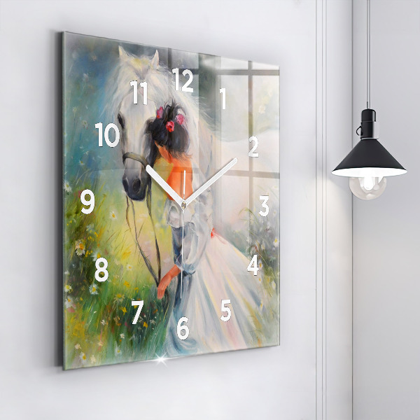 Square glass wall clock Beautiful woman with a horse