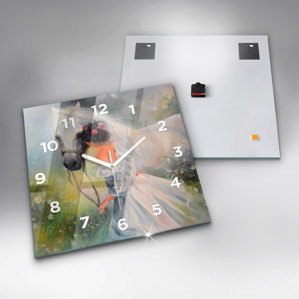 Square glass wall clock Beautiful woman with a horse