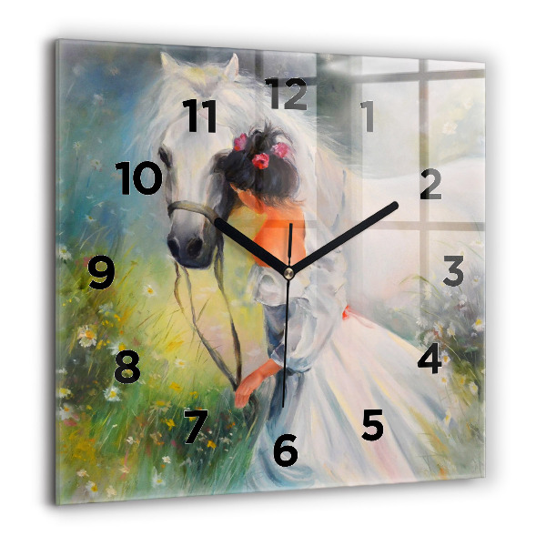 Square glass wall clock Beautiful woman with a horse